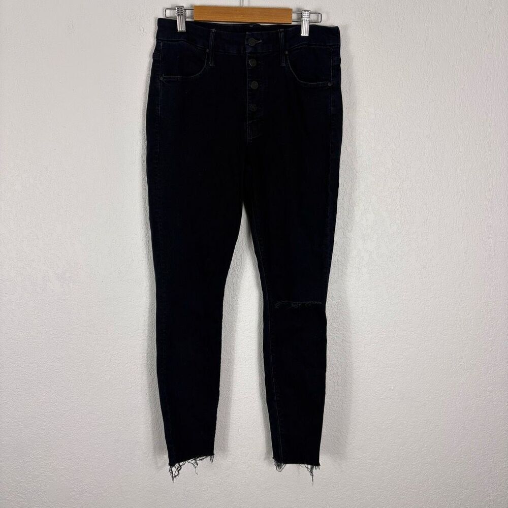 Mother Indigo Blue Button Fly High Rise Ankle Skinny Jeans Slit Knee Raw Hem 30